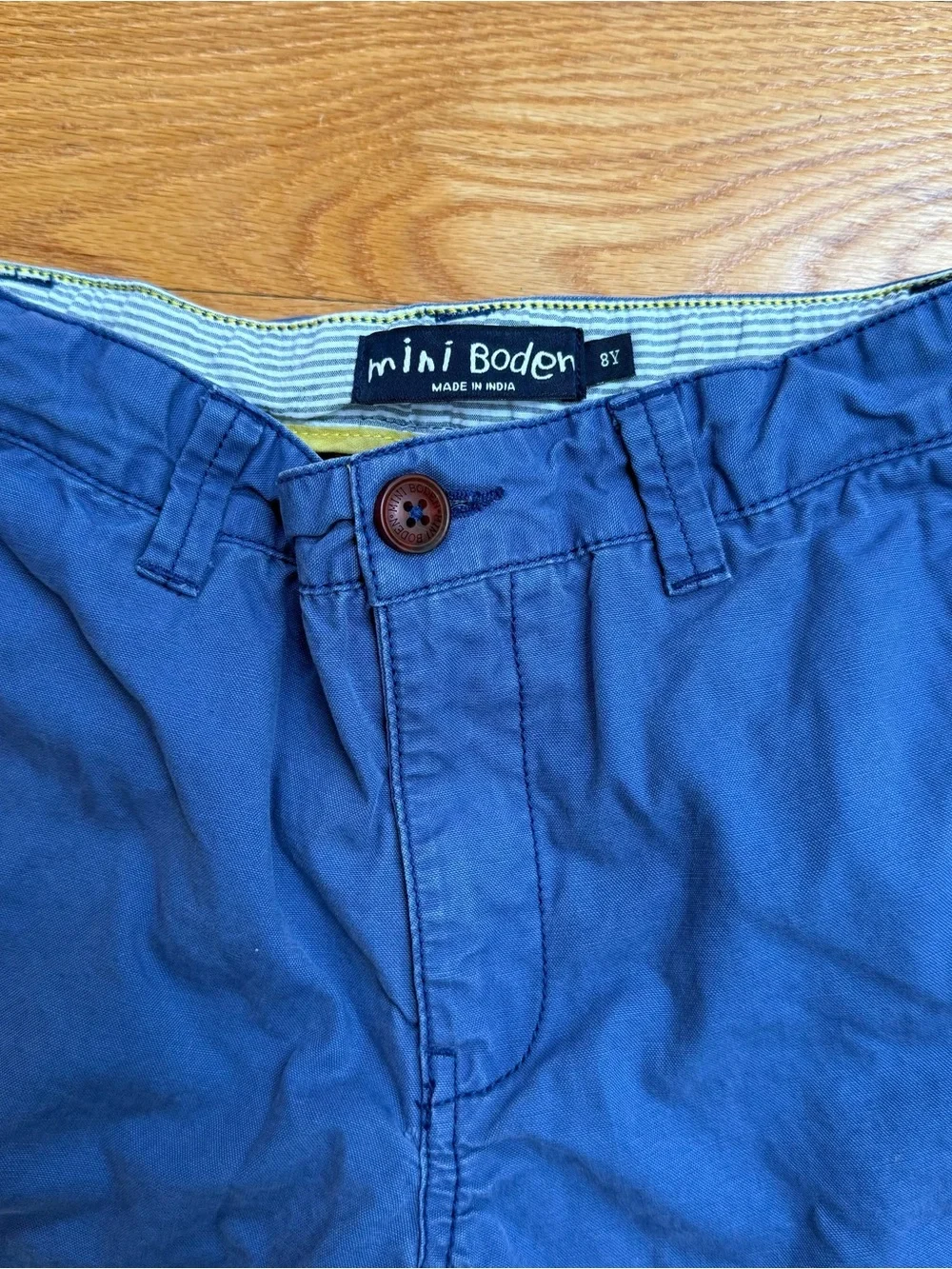 Mini Boden Patch Chino - Size 8 - Blue with camo and seersucker patches